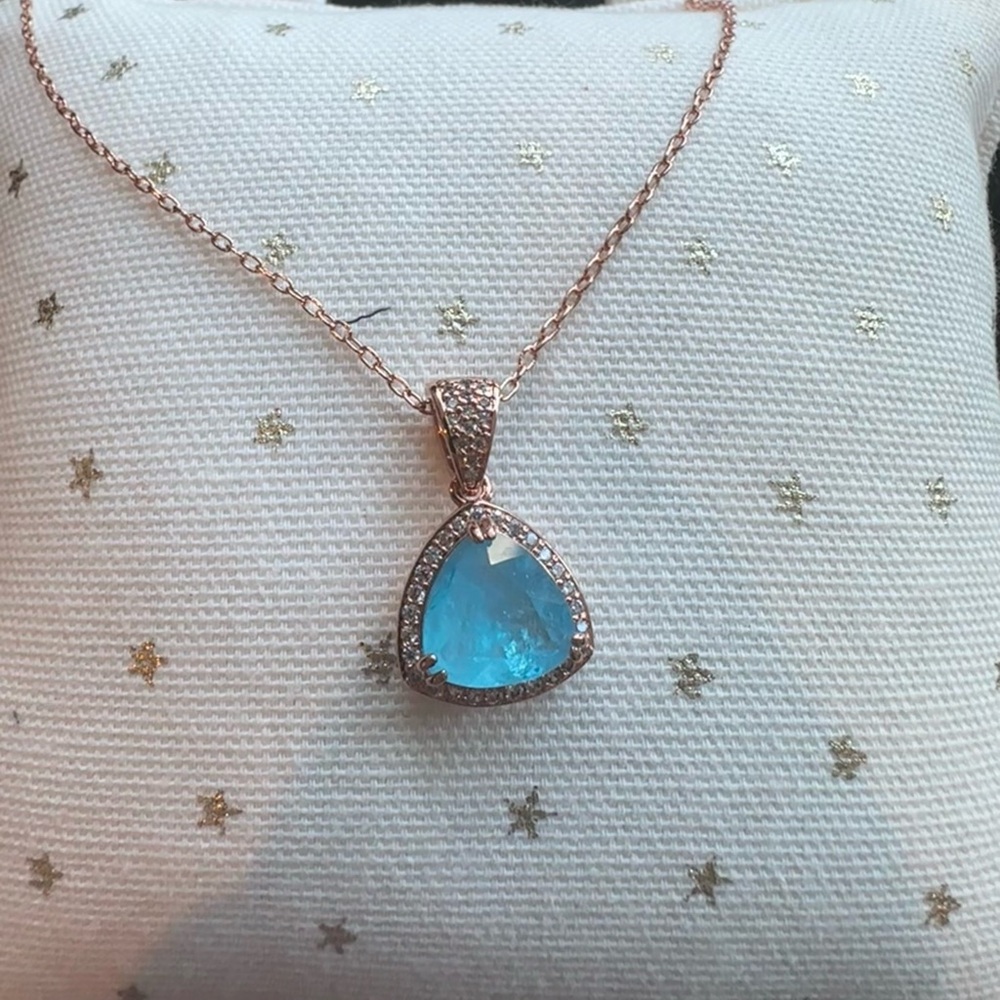 Costume Jewelry- Rose Gold Blue Topaz with CZ 18 inch necklace.
